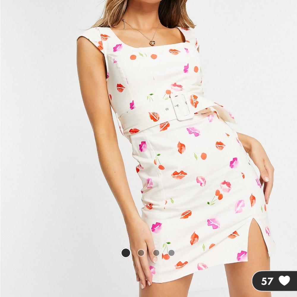 ASOS DESIGN cap sleeve belted mini dress in cherry print